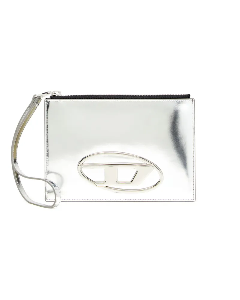 Diesel Pouch mit Reißverschluss aus Hochglanzleder - Kleine Portemonnaies - Unisex - Silber Silber