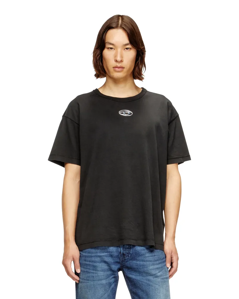 Diesel Leichtes Baumwoll-T-Shirt mit metallischem ovalem D-Logo - T-Shirts - Herren - Schwarz Schwarz