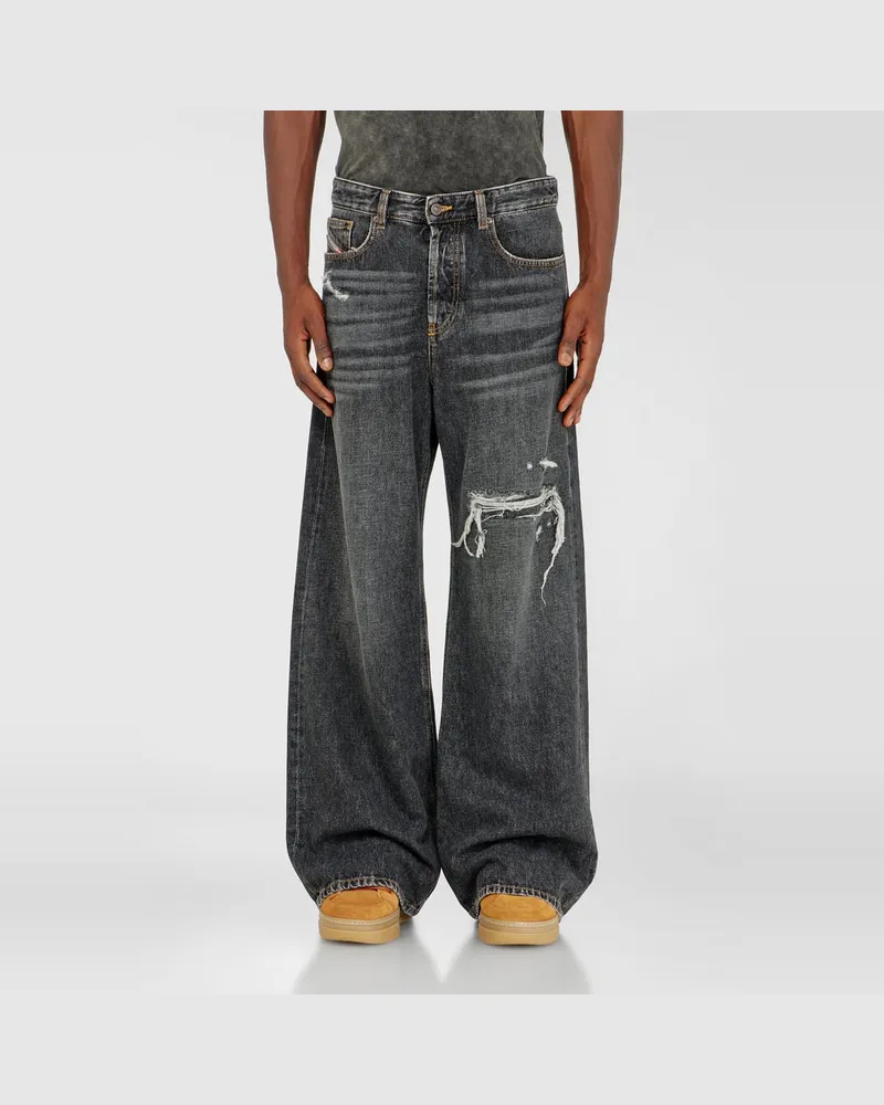 Diesel Relaxed Jeans Low Waist D-Rise, Schwarz/Dunkelgrau, Knopfverschluss Schwarz