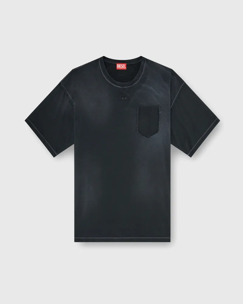 Diesel Verwaschenes T-Shirt mit zerrissener Brusttasche - T-Shirts - Herren - Schwarz Schwarz