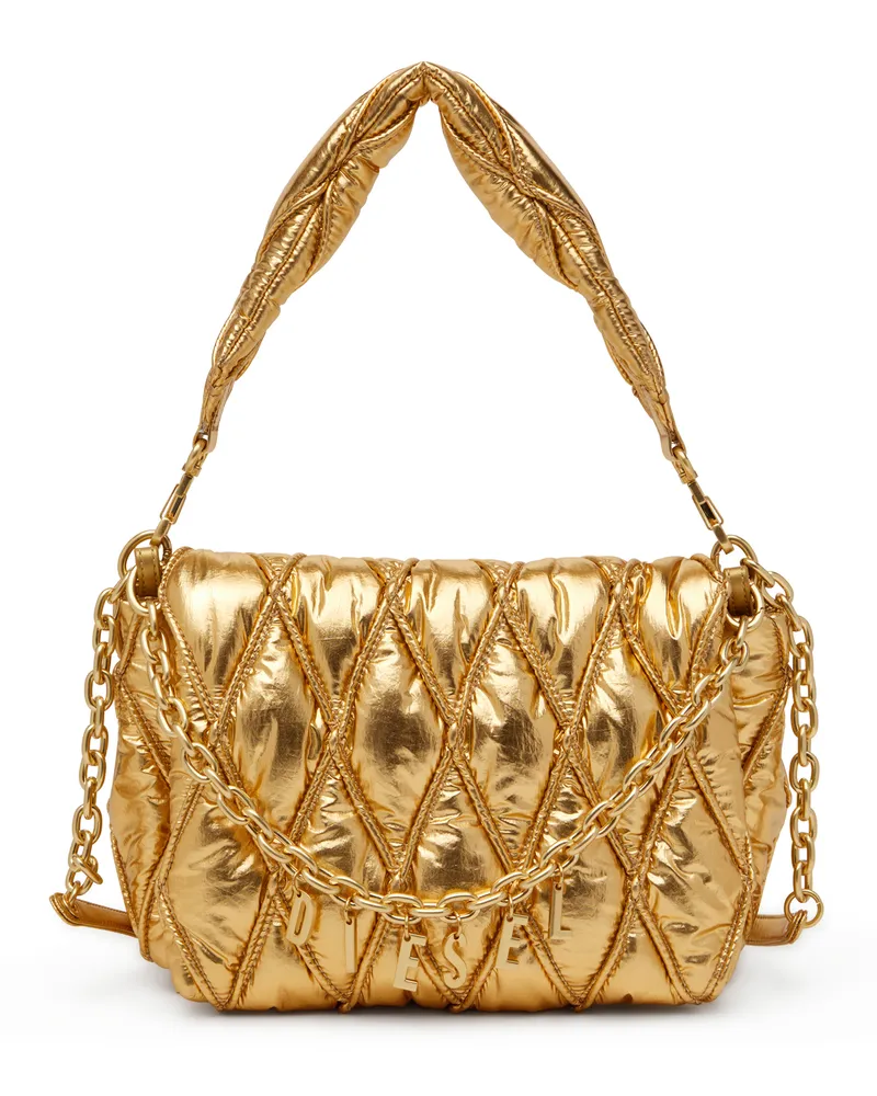Diesel Charm-D M-Schultertasche aus gestepptem Metallic-Nylon - Schultertaschen - Damen - Gold Gold