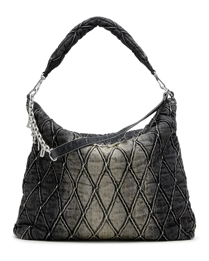 Diesel Charm-D-Große Hobo-Tasche aus behandeltem, gestepptem Denim - Schultertaschen - Damen - Schwarz Schwarz