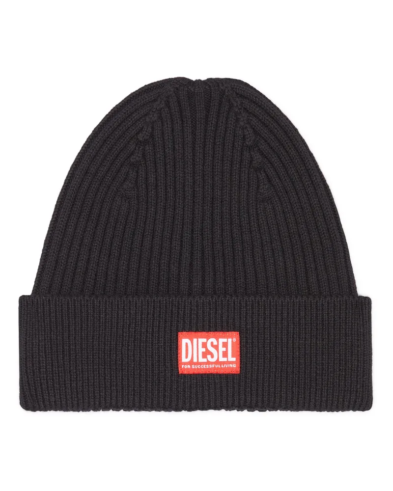 Diesel Gerippte Beanie-Mütze mit Logo-Aufnäher - Mützen - Unisex - Schwarz Schwarz