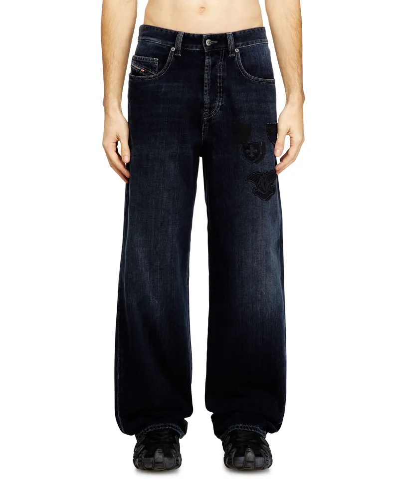 Diesel Relaxed Jeans Low Waist 2001 D-Macro, Schwarz/Dunkelgrau, Knopfverschluss Blau