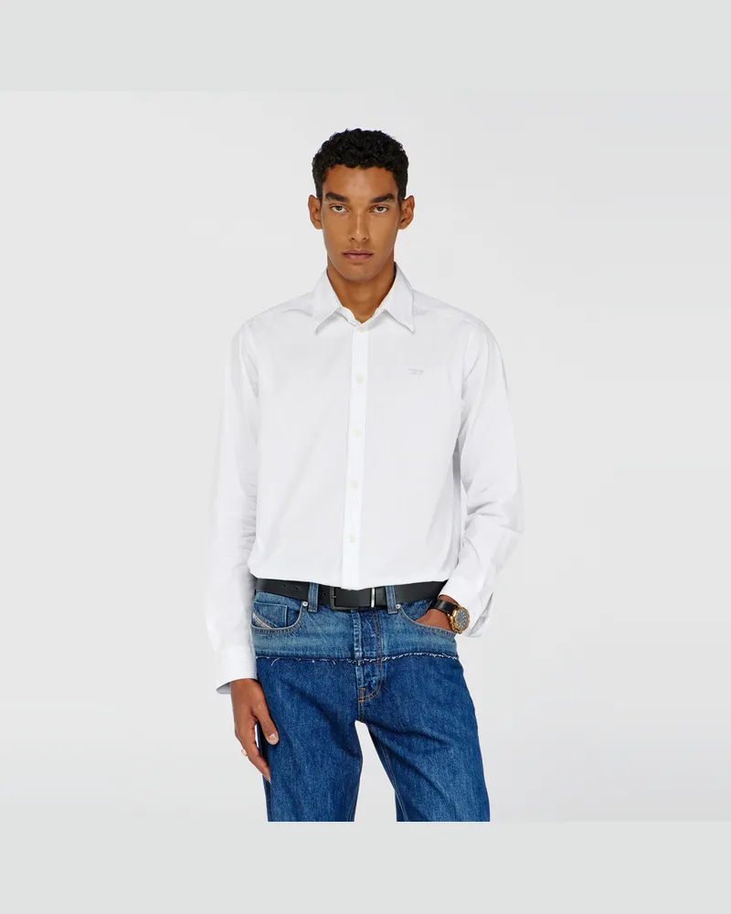 Diesel Gestreiftes Baumwollhemd mit D-Stickerei - Hemden - Herren - Weiss Weiss