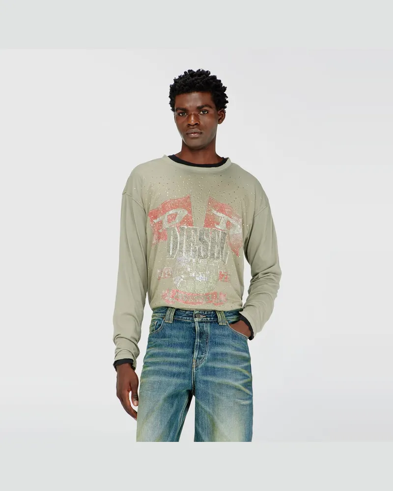 Diesel Langarmshirt mit Konzertgrafik und Kristallen - T-Shirts - Herren - Grün Grün