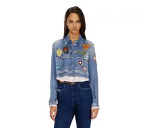 Cropped-Satinhemd mit trompe-l'oeil-Denim-Print - Hemden - Damen - Blau