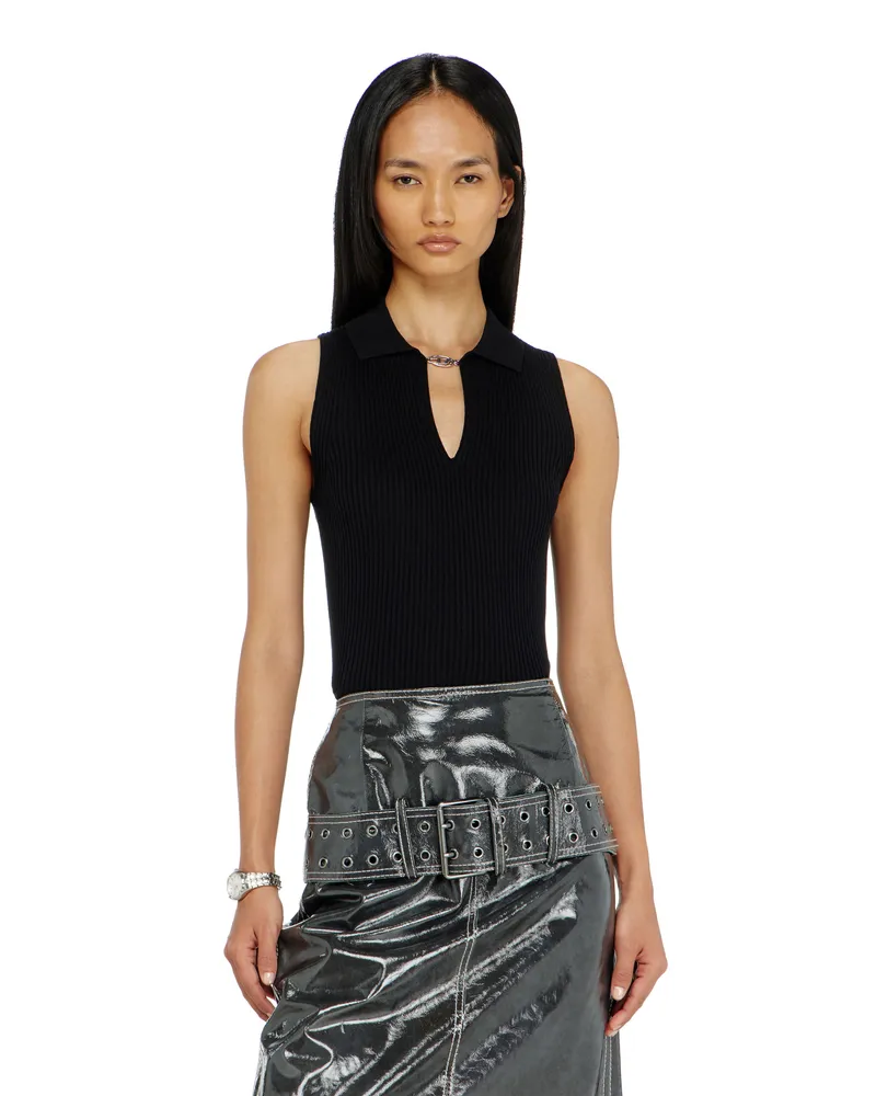 Diesel Ärmelloses Polo-Top aus Rippstrick mit Seidenmix - T-Shirts - Damen - Schwarz Schwarz