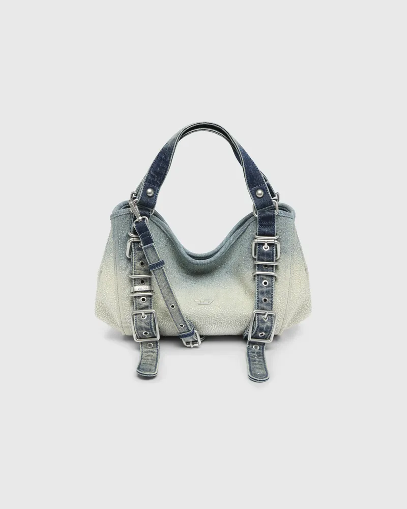 Diesel D-One-Small Henkeltasche aus solarisiertem Denim mit Kristallen - Handtaschen - Damen - Blau Blau