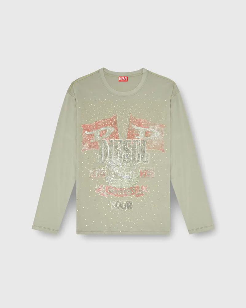 Diesel Langarmshirt mit Konzertgrafik und Kristallen - T-Shirts - Herren - Grün Grün