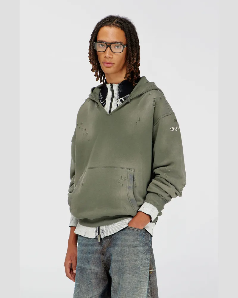 Diesel Kapuzensweatshirt mit distressed look und V-Ausschnitt - Sweatshirts - Herren - Grau Grau