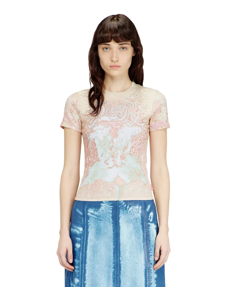 Diesel Animalier-Print-Top mit Kristallen - T-Shirts - Damen - Rosa Rosa