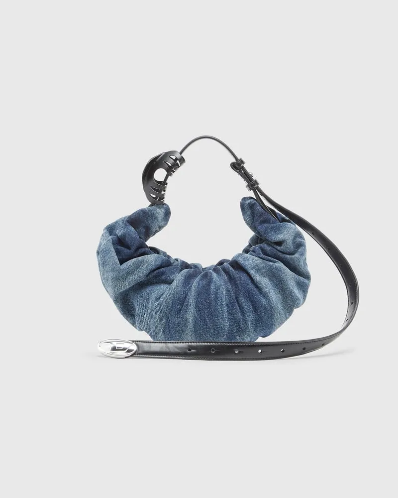 Diesel Grab-D S-Kleine, geknitterte Hobo-Tasche aus behandeltem Denim - Schultertaschen - Damen - Blau Blau