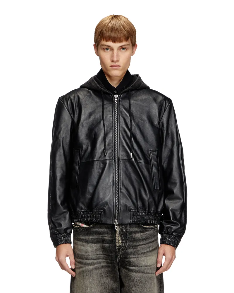 Diesel Jacke mit Kapuze aus Leder, Baumwolle und Denim - Lederjacken - Herren - Schwarz Schwarz