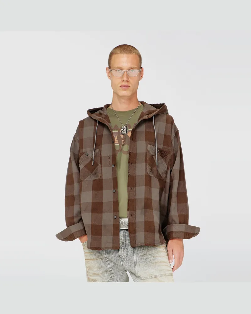 Diesel Kapuzenshirt aus distressed kariertem Flanell - Hemden - Herren - Braun Braun