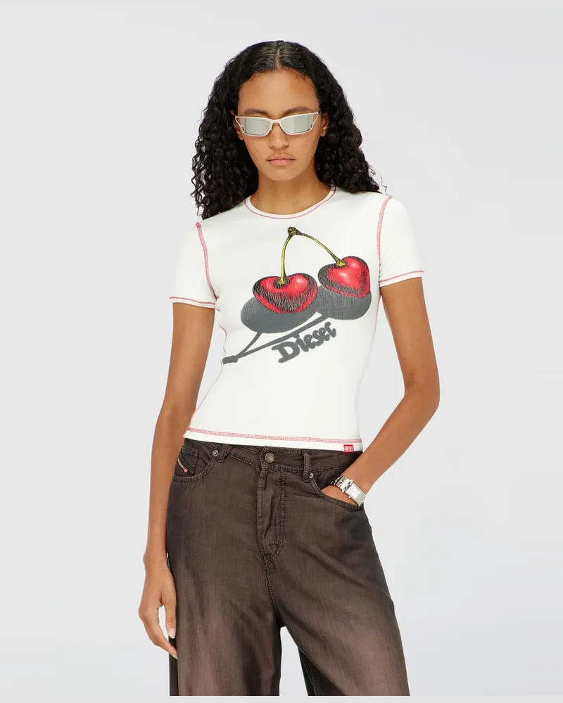 Diesel Schlank geschnittenes Baumwoll-T-Shirt mit Kirschdruck - T-Shirts - Damen - Weiss Weiss
