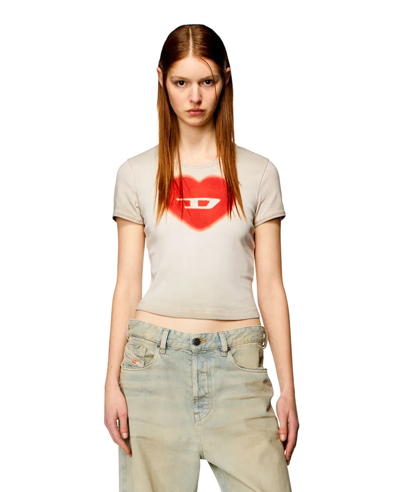 Diesel Geripptes T-Shirt mit Herz D-Wasserfarbe-Effekt - T-Shirts - Damen - Beige Beige
