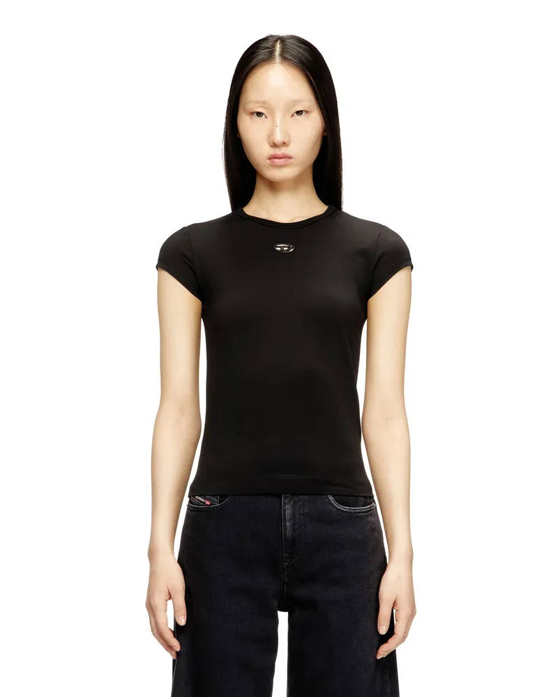Diesel T-Shirt mit ausgeschnittenem, besticktem Logo - T-Shirts - Damen - Schwarz Schwarz