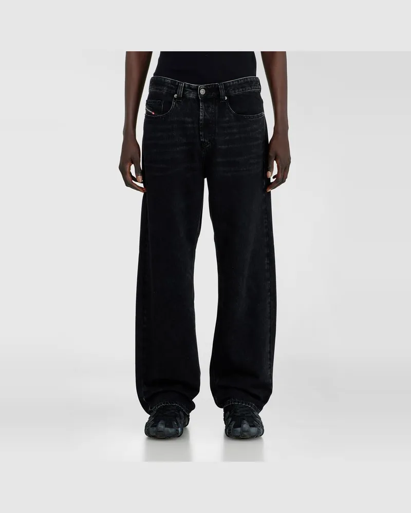 Diesel Relaxed Jeans Low Waist 2001 D-Macro, Schwarz/Dunkelgrau, Knopfverschluss Schwarz