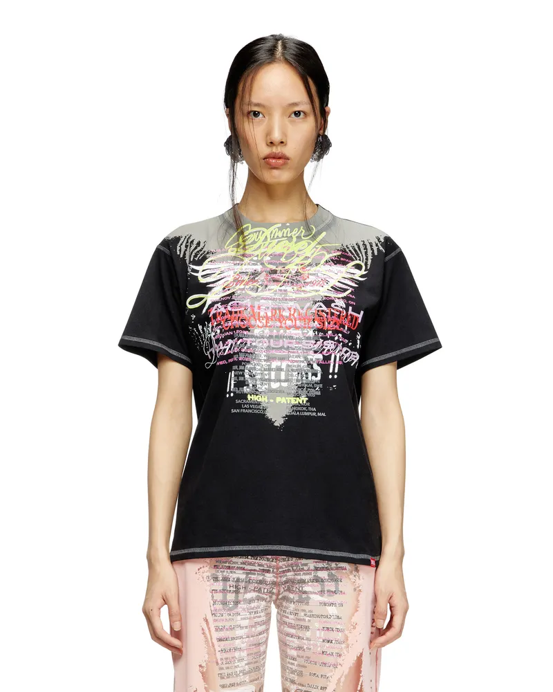 Diesel T-Shirt mit Rundhalsausschnitt und Text-Print - T-Shirts - Damen - Schwarz Schwarz