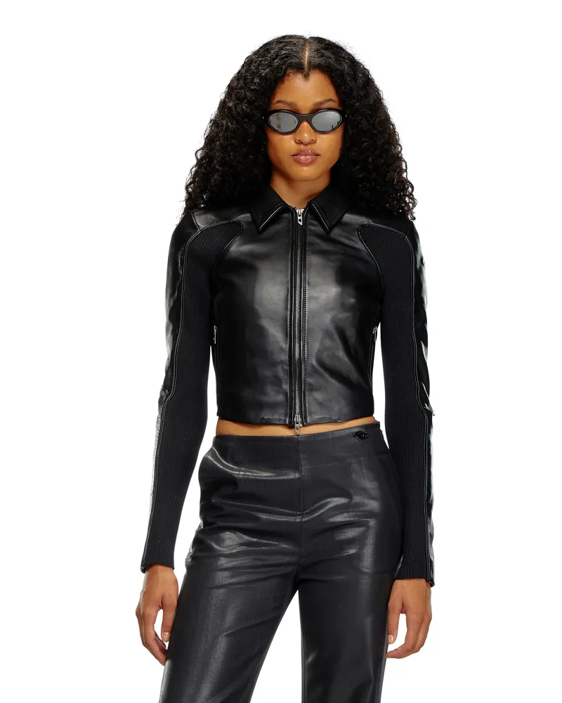 Diesel Cropped-Jacke aus Leder mit Strick-Einsätzen - Lederjacken - Damen - Schwarz Schwarz