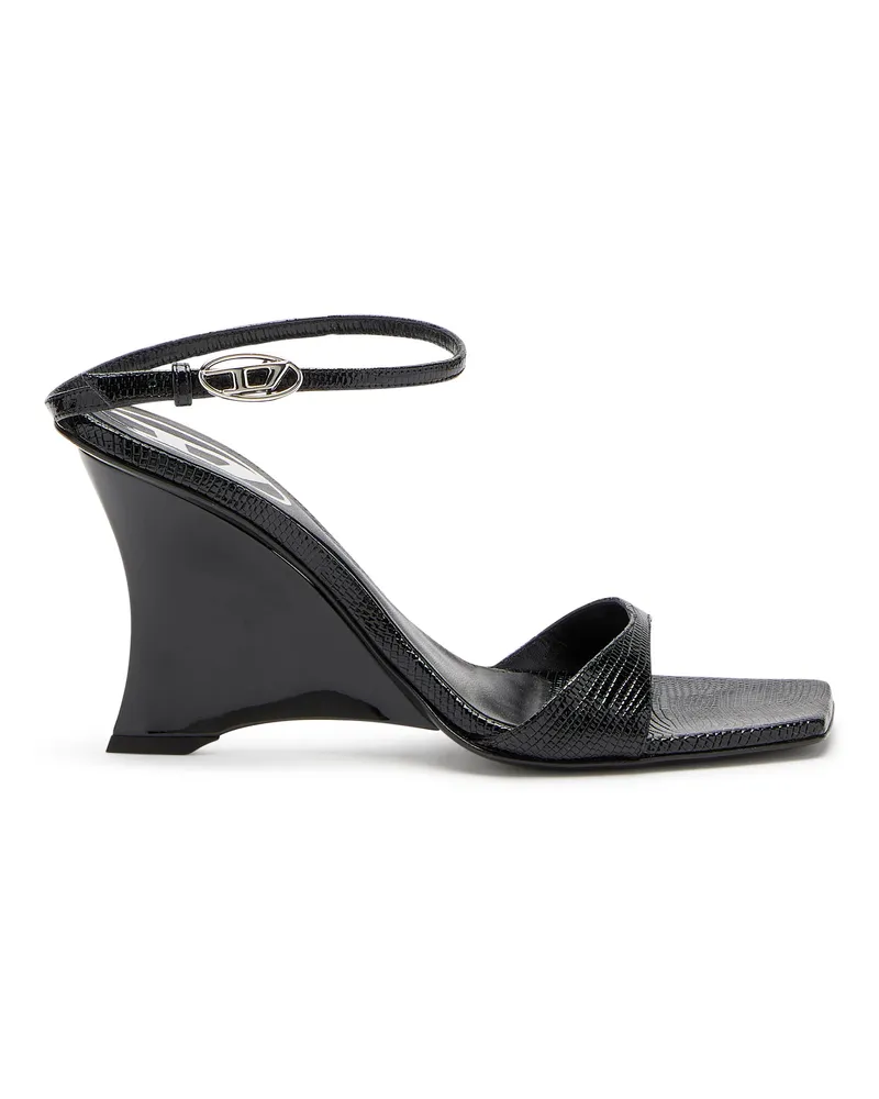 Diesel Keilsandalen aus Leder in Eidechsenoptik - Sandalen - Damen - Schwarz Schwarz