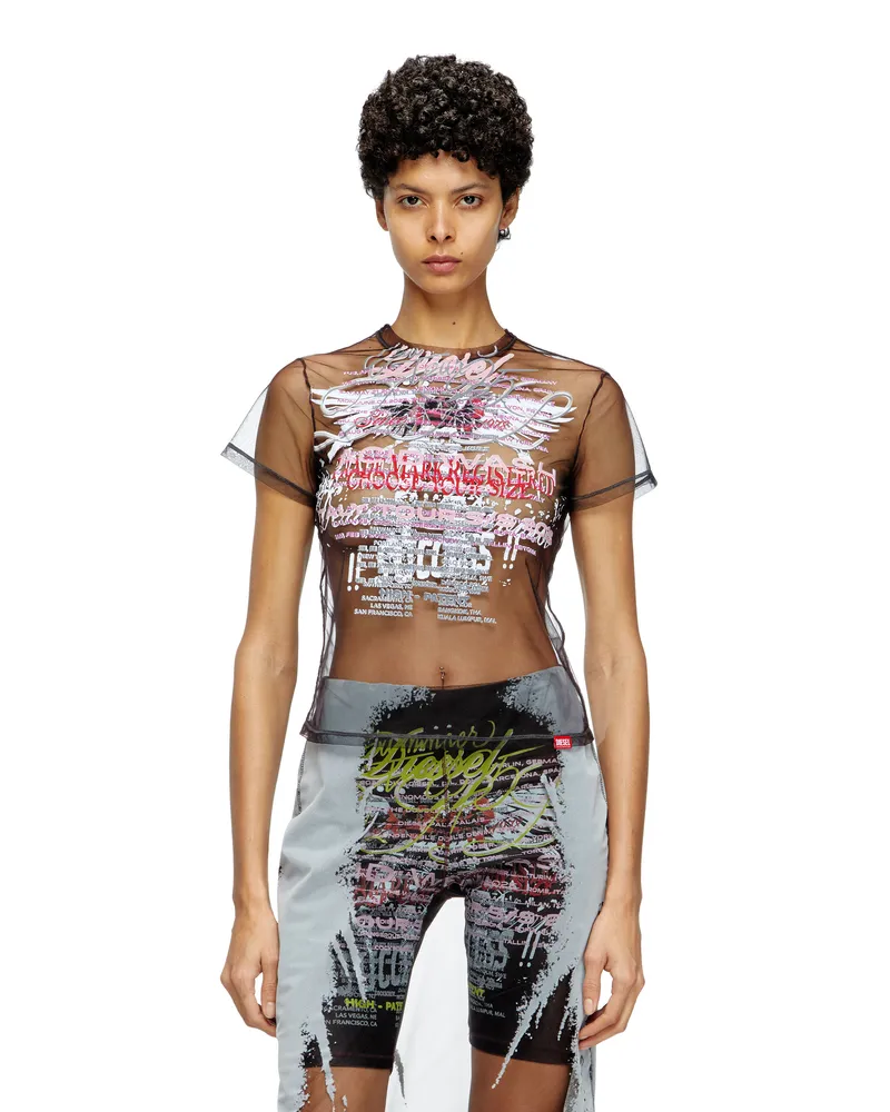 Diesel Durchsichtiges Oberteil mit Text-Print - T-Shirts - Damen - Schwarz Schwarz