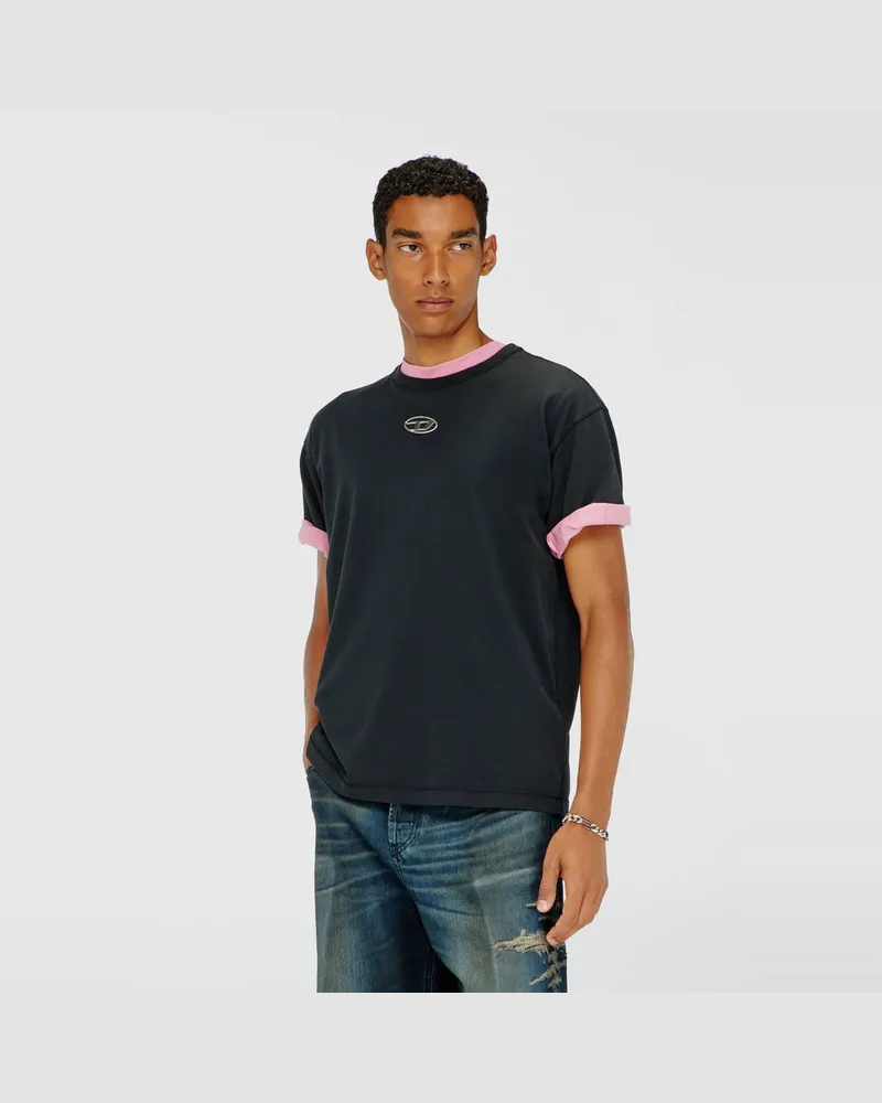 Diesel Leichtes Baumwoll-T-Shirt mit metallischem ovalem D-Logo - T-Shirts - Herren - Schwarz Schwarz