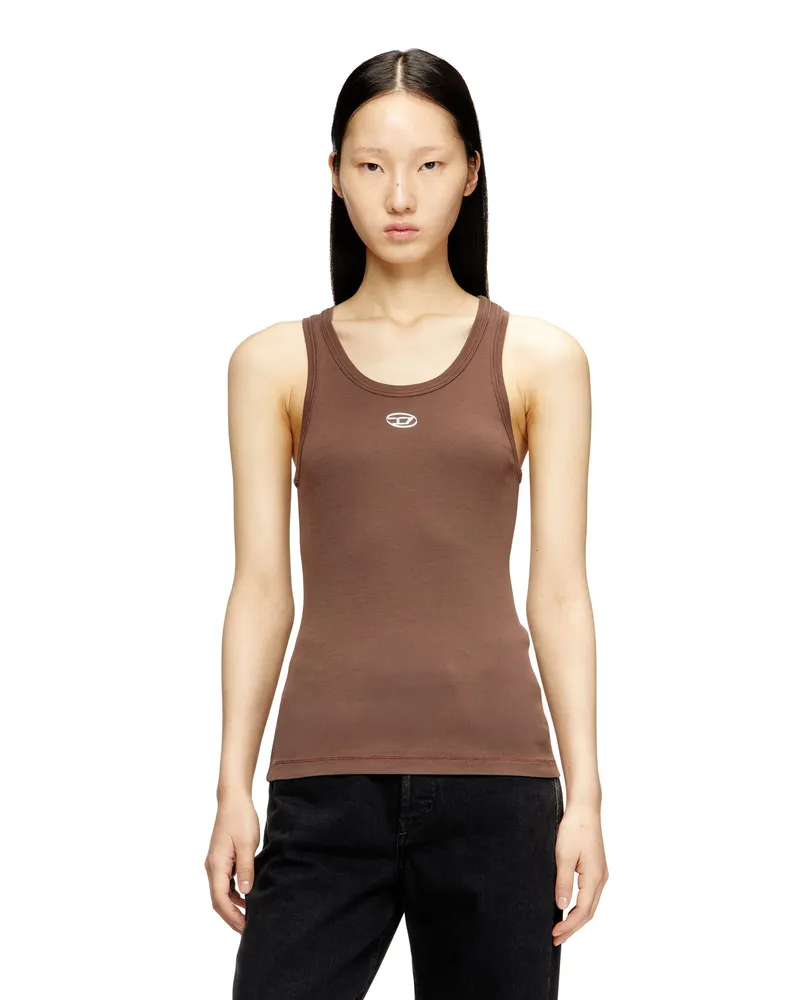 Diesel Schmal geschnittenes, geripptes Tanktop mit metallischem Oval D - T-Shirts - Damen - Braun Braun