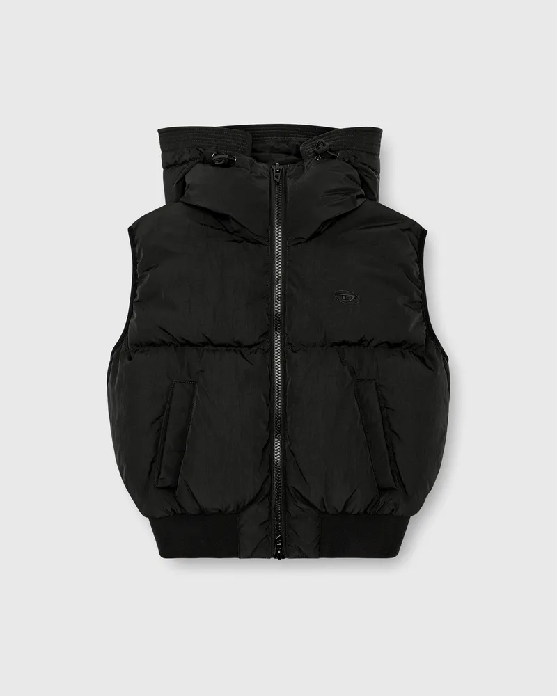Diesel Daunenweste mit Kapuze aus Nylon in Knitter-Optik - Winterjacken - Damen - Schwarz Schwarz