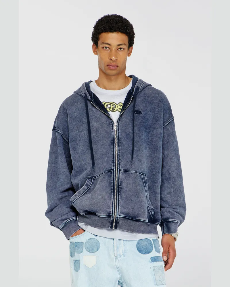 Diesel Reißverschluss-Hoodie aus behandeltem Baumwollfleece - Sweatshirts - Herren - Blau Blau