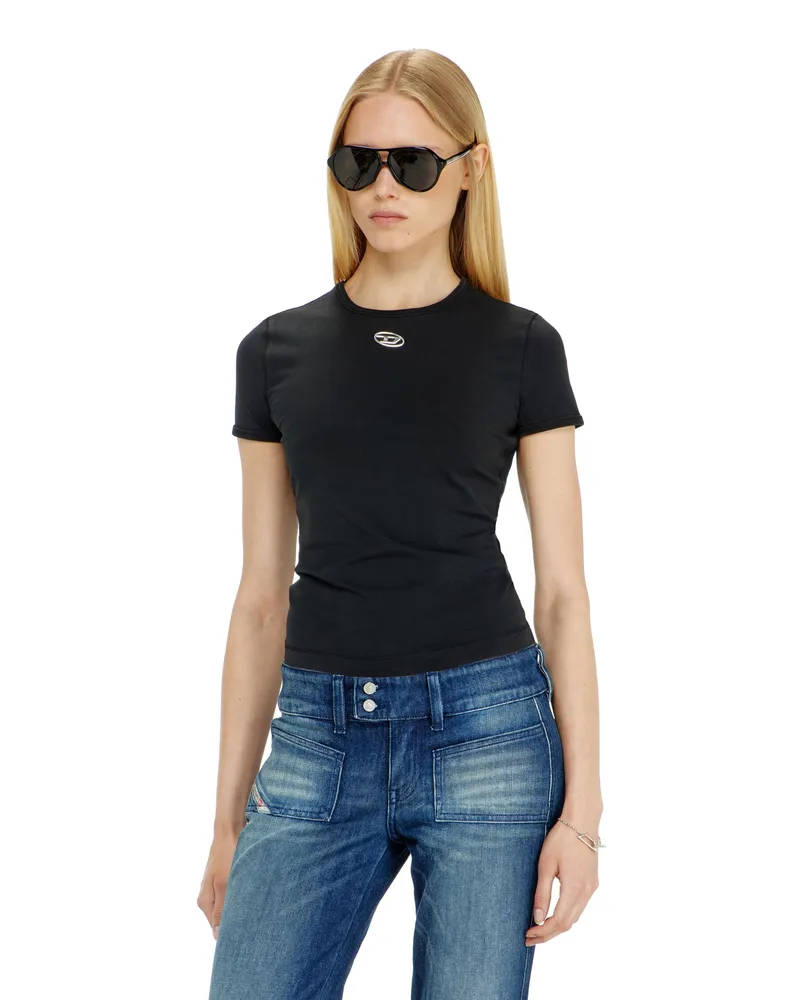 Diesel Schmal geschnittenes T-Shirt mit metallischem Oval D - T-Shirts - Damen - Schwarz Schwarz