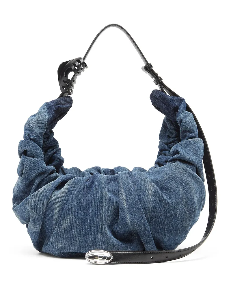 Diesel Grab-D L-Große, geknitterte Hobo-Tasche aus behandeltem Denim - Schultertaschen - Damen - Blau Blau