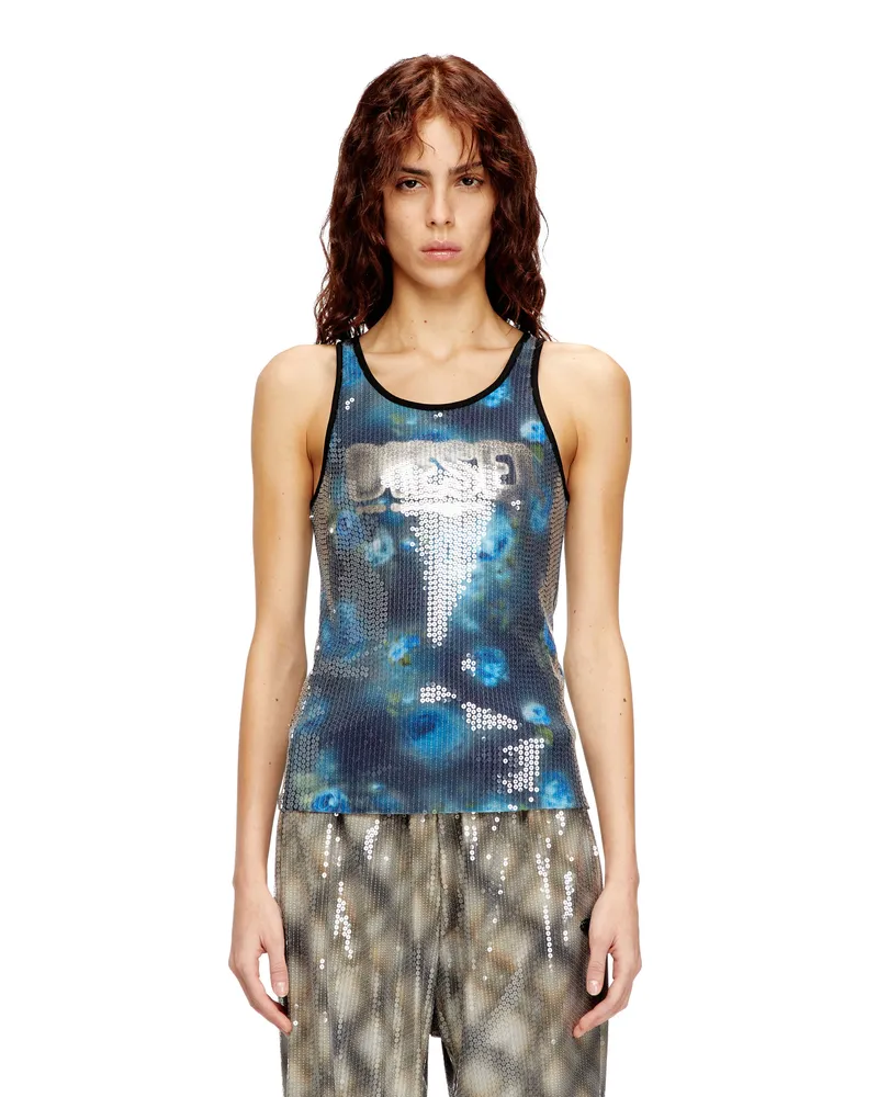 Diesel Jersey-Top mit Blumenmuster und Pailletten - T-Shirts - Damen - Blau Blau