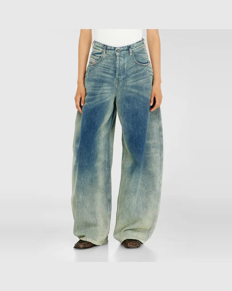 Diesel Relaxed Jeans High Waist 1987 D-Khelz, Mittelblau, Knopfverschluss Blau
