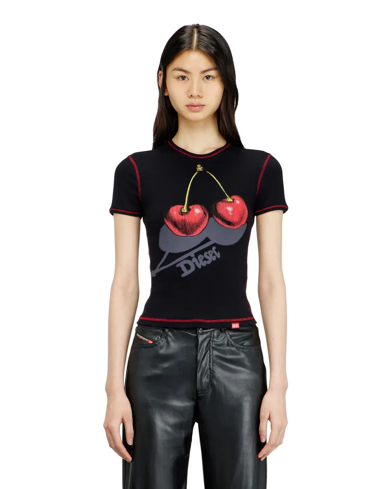 Diesel Schlank geschnittenes Baumwoll-T-Shirt mit Kirschdruck - T-Shirts - Damen - Schwarz Schwarz