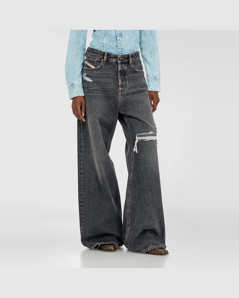 Diesel Relaxed Jeans Low Waist 1996 D-Sire, Schwarz/Dunkelgrau, Knopfverschluss Schwarz