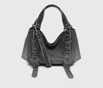 D-One-Small Henkeltasche aus solarisiertem Denim mit Kristallen - Handtaschen - Damen - Schwarz
