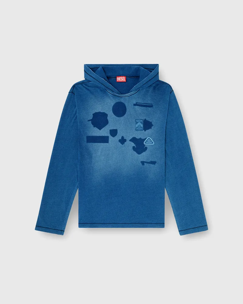 Diesel Langarmshirt mit Kapuze und Schatteneffekt-Patches - T-Shirts - Herren - Blau Blau