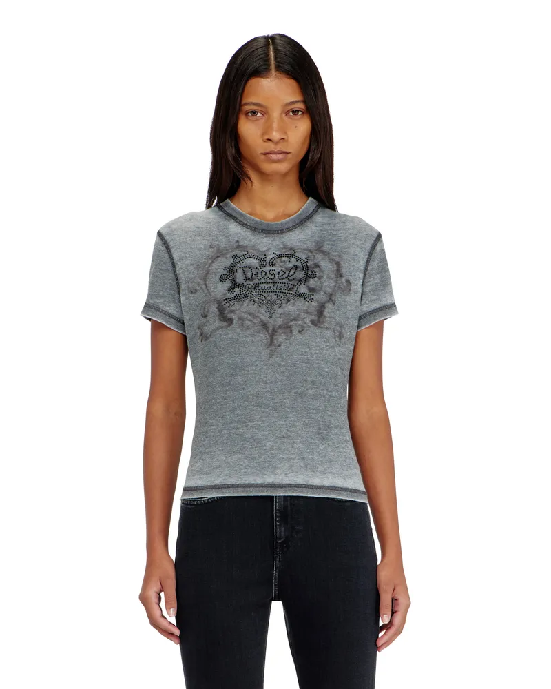 Diesel Jersey-T-Shirt mit Strasssteinen und burnout effect - T-Shirts - Damen - Grau Grau