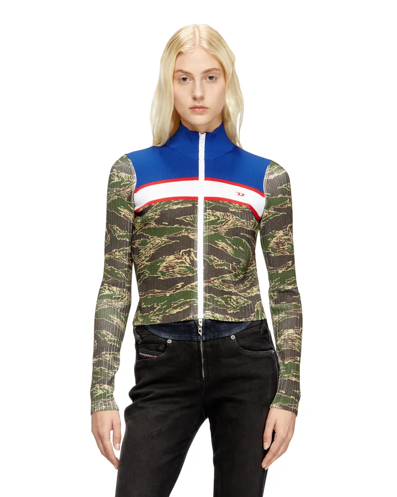 Diesel Pullover aus gerippter Viskose mit Camo-Reißverschluss - Strickwaren - Damen - Bunt Bunt