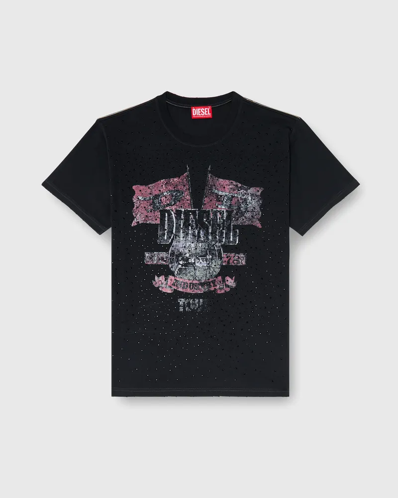 Diesel T-Shirt mit Konzertgrafik und Kristallen - T-Shirts - Damen - Schwarz Schwarz