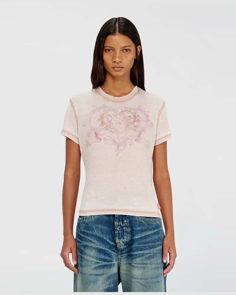 Diesel Jersey-T-Shirt mit Strasssteinen und burnout effect - T-Shirts - Damen - Rosa Rosa