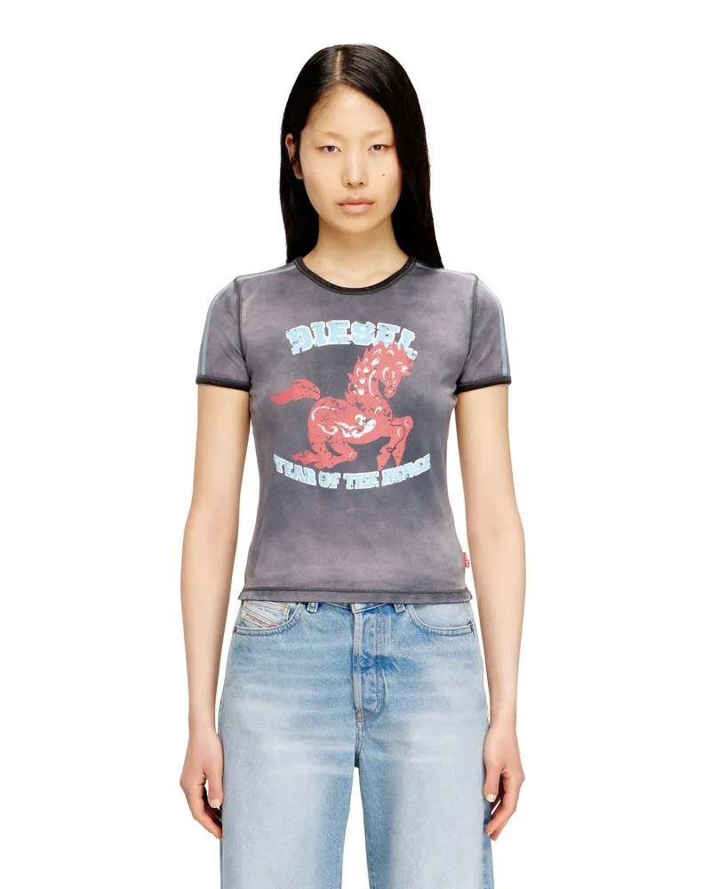 Diesel Baumwoll-Stretch-T-Shirt mit Pferde-Print - Oberteile - Damen - Schwarz Schwarz