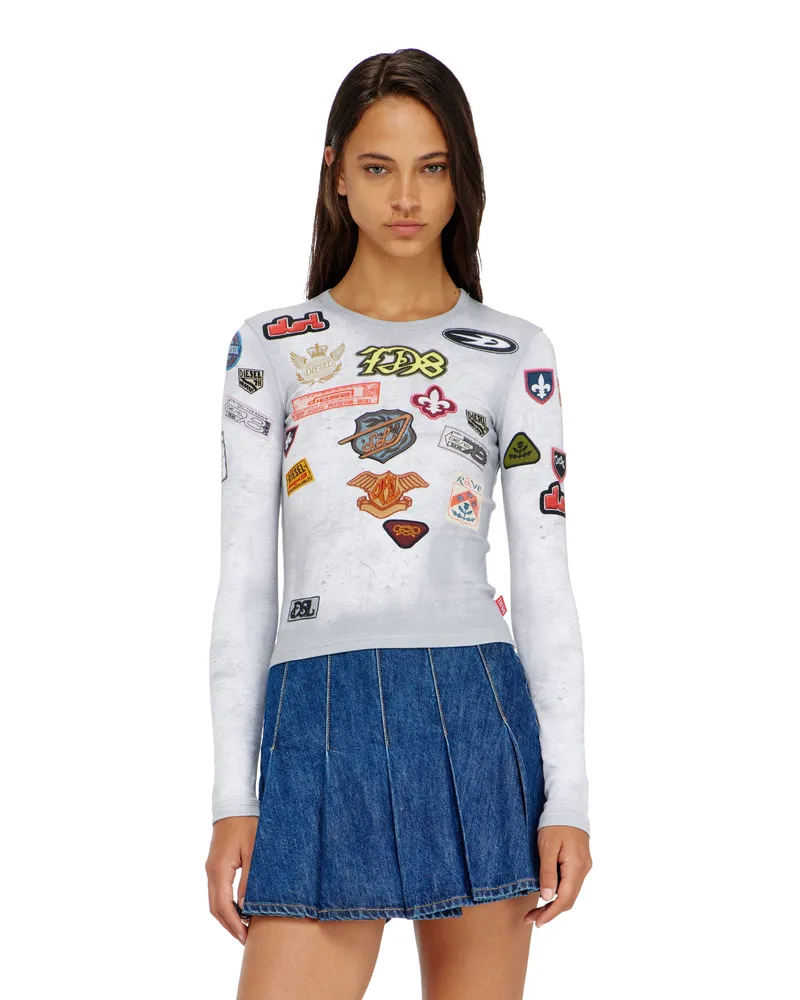 Diesel Top aus Rippjersey mit all-over Patch-Print - T-Shirts - Damen - Weiss Weiss
