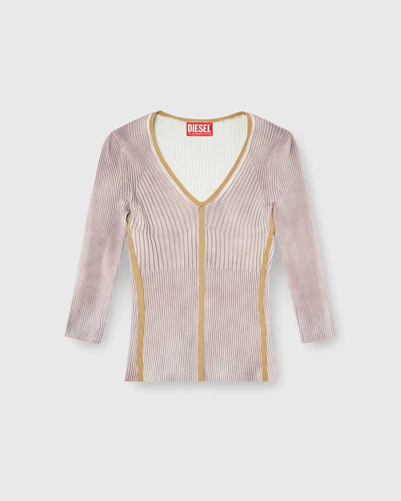 Diesel Gerippter V-Ausschnitt-Pullover mit kontrastierenden Streifen - T-Shirts - Damen - Violett Violett
