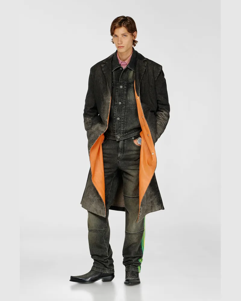 Diesel Langer Mantel aus Denim mit Used-Effekt - Denim jacken - Unisex - Schwarz Schwarz