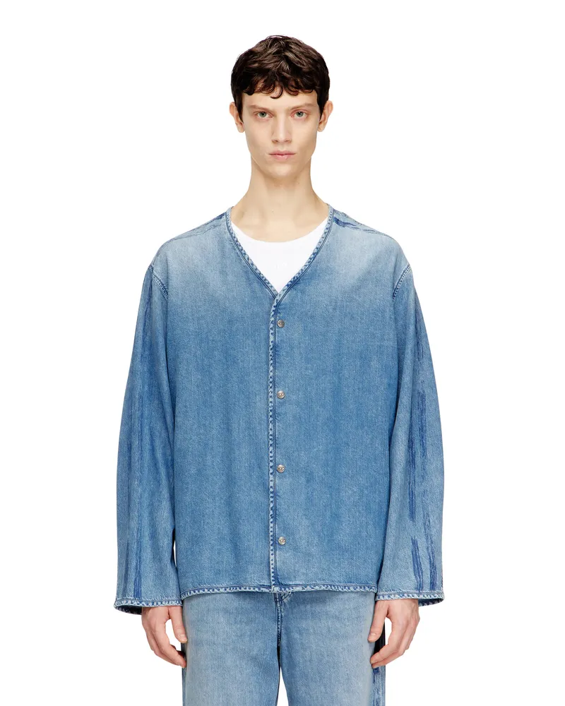 Diesel V-Ausschnitt-Hemd aus fließendem Denim mit Streifen - T-Shirts - Herren - Blau Blau