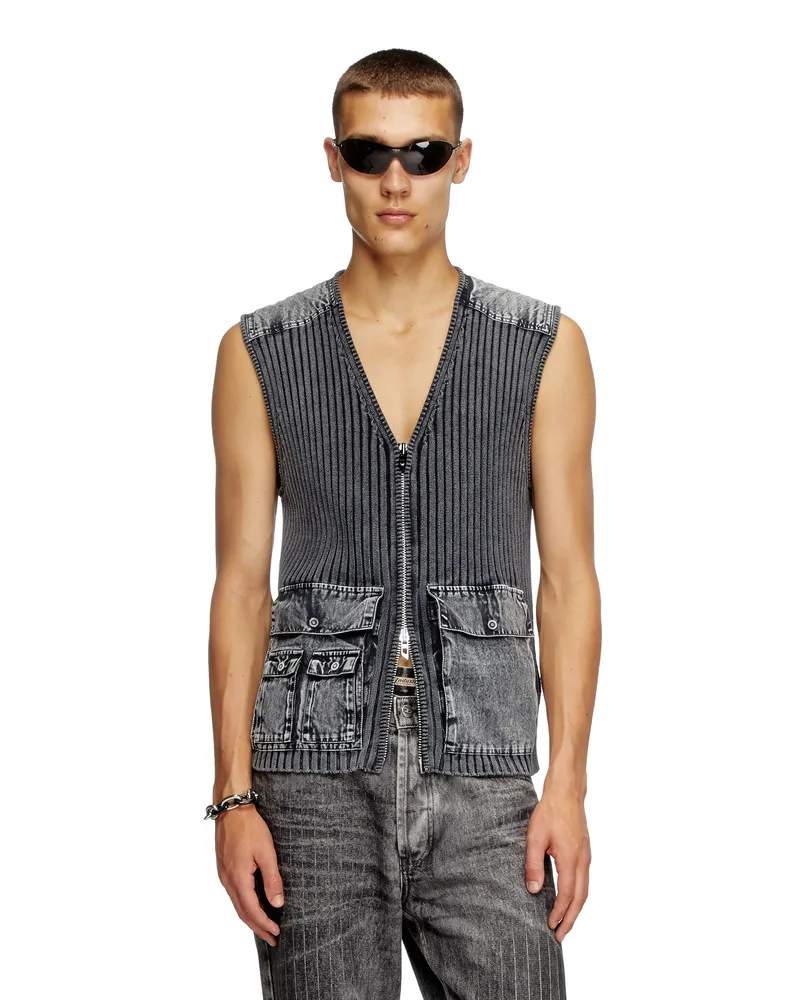 Diesel Utility-Weste aus Rippstrick und Denim - Strickwaren - Herren - Grau Grau