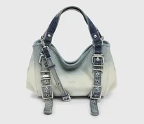 D-One-Small Henkeltasche aus solarisiertem Denim mit Kristallen - Handtaschen - Damen - Blau